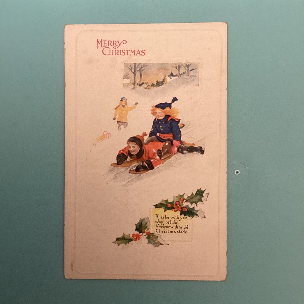 c 1910’s Antique Merry Christmas postcard Children Sledding Holly Berries